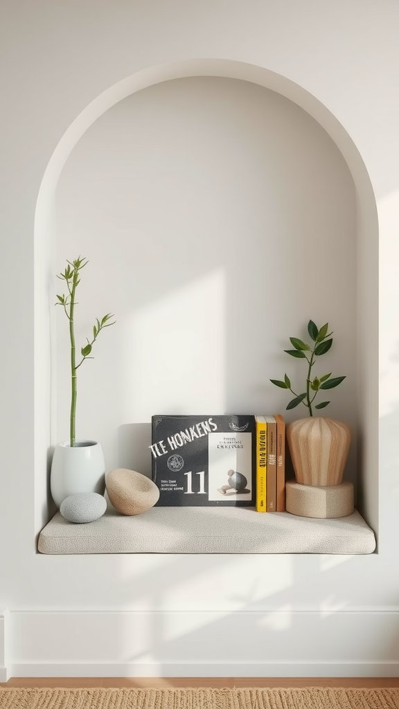 A cozy nook featuring plants, smooth stones, and books, designed for a serene atmosphere.