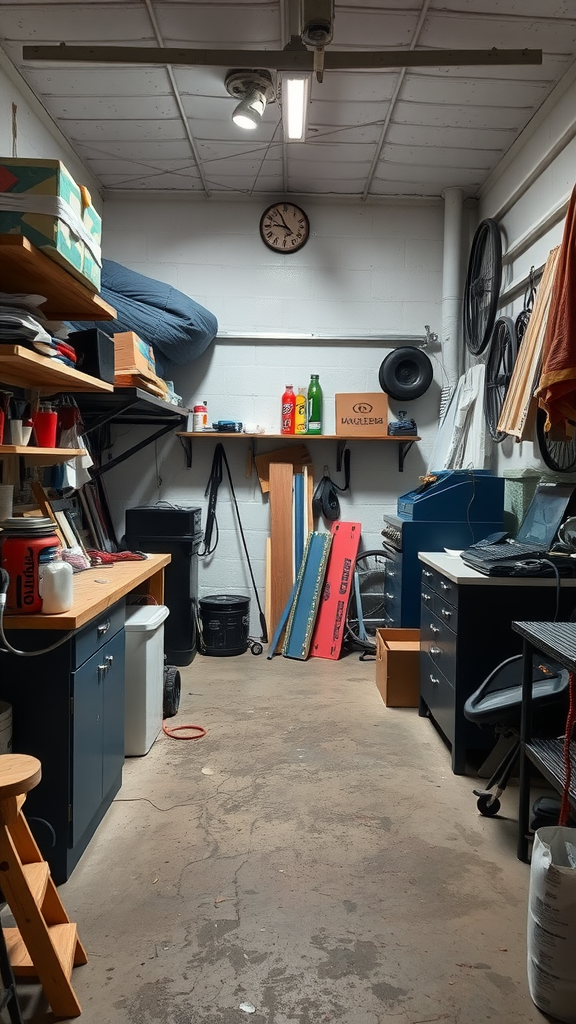 A small garage workshop with organized shelves, a desk, and tools.