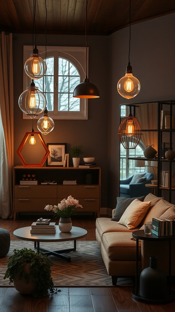 Cozy living room with various hanging light fixtures and warm lighting.