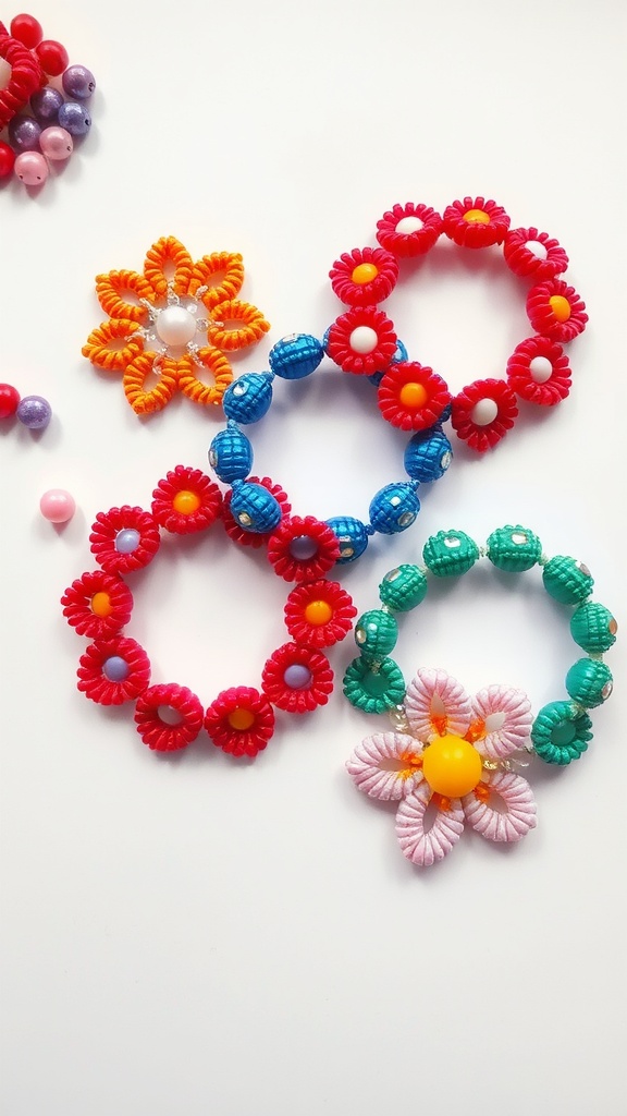 Colorful beaded flower bracelets arranged creatively