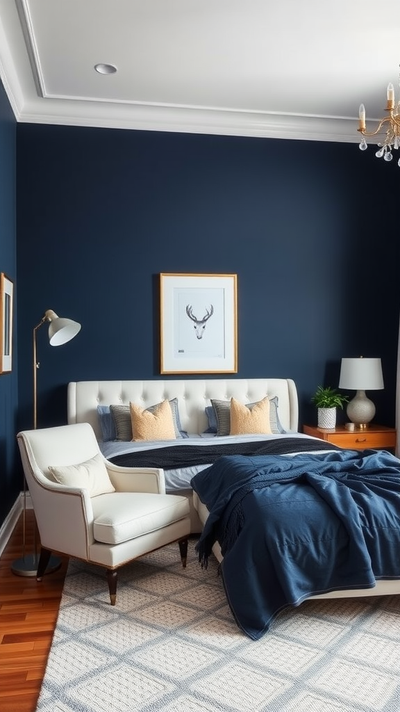 A stylish bedroom featuring bold navy blue walls, a white upholstered bed, and cozy decor.