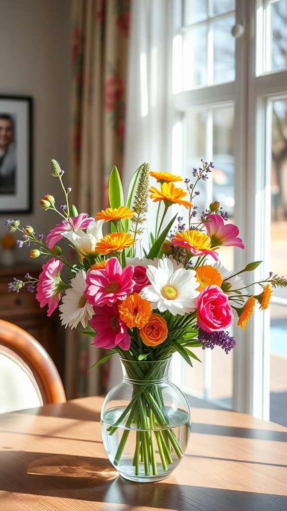 A vibrant bouquet of mixed flowers in a glass vase, placed on a wooden table near a window.