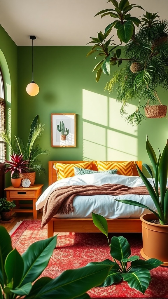 A cozy bedroom featuring cactus green walls, vibrant plants, and warm decor elements.