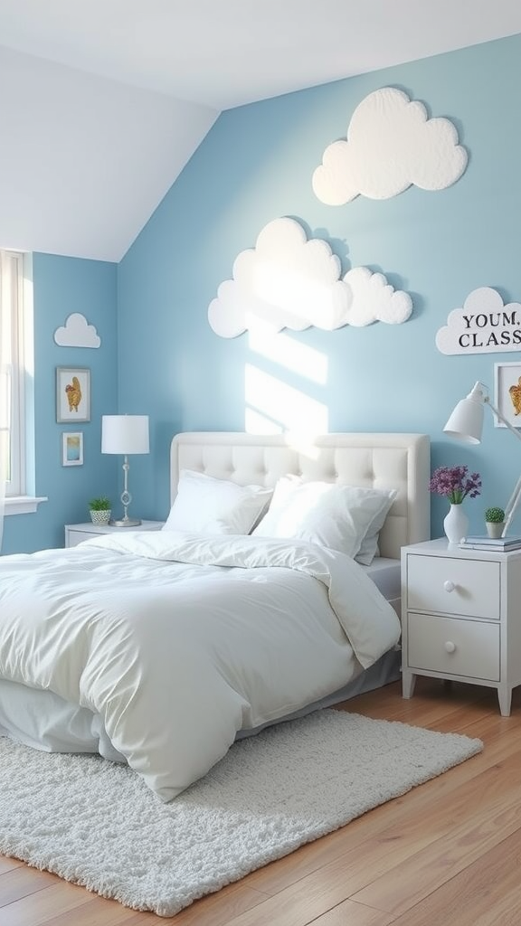 A serene bedroom featuring calming sky blue walls with cloud-shaped decorations and white bedding.