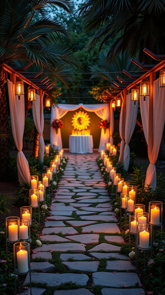 A beautiful candlelit pathway decorated with lanterns and candles, leading to a romantic setup.