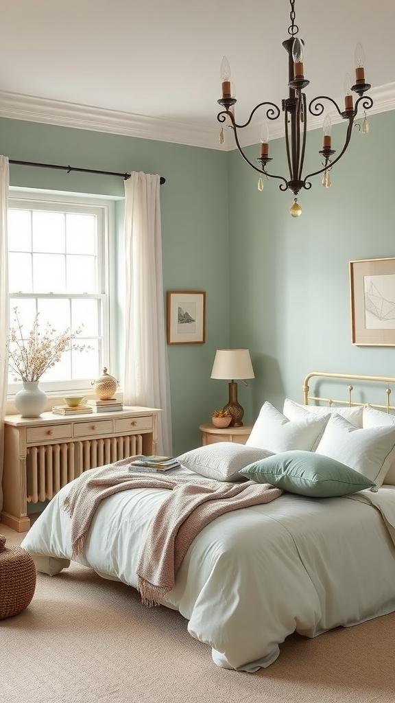 A serene bedroom painted in celadon green, featuring a cozy bed with soft bedding and natural decor.