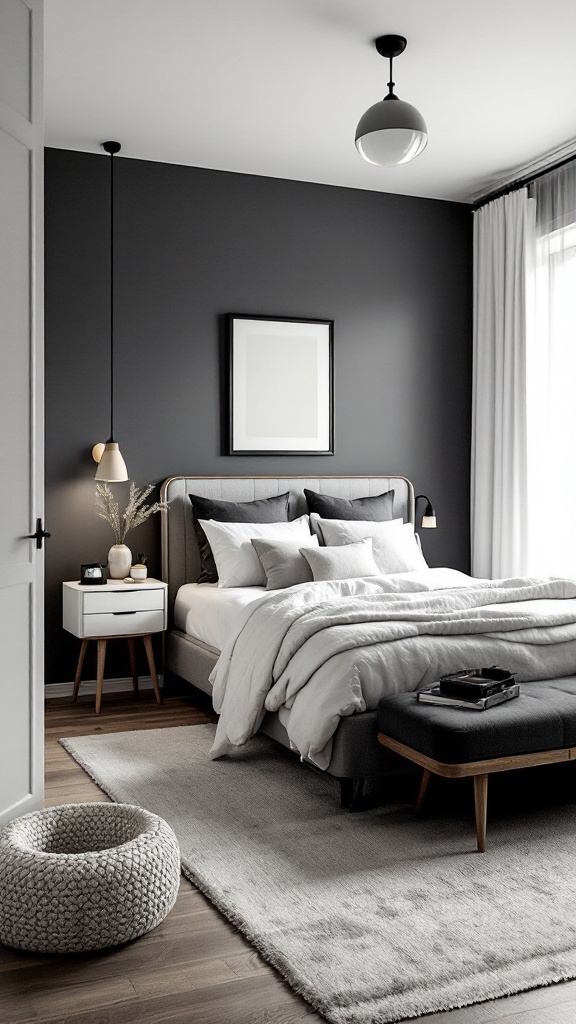 A modern farmhouse bedroom featuring charcoal gray walls, a cozy bed, and stylish decor.