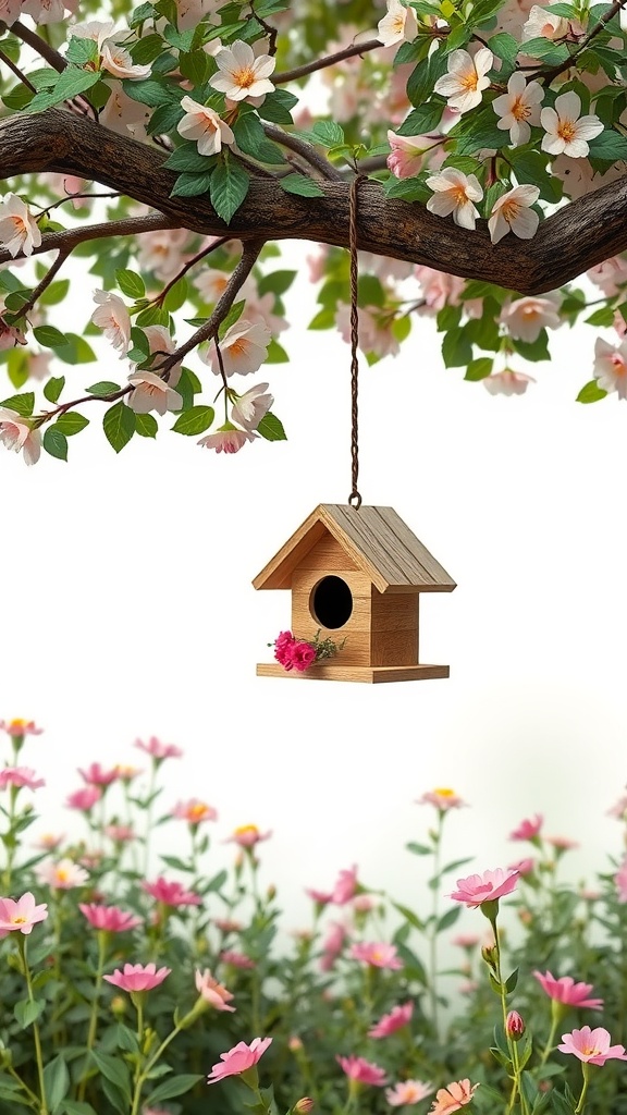 A charming wooden birdhouse hanging from a tree branch with flowers surrounding it.