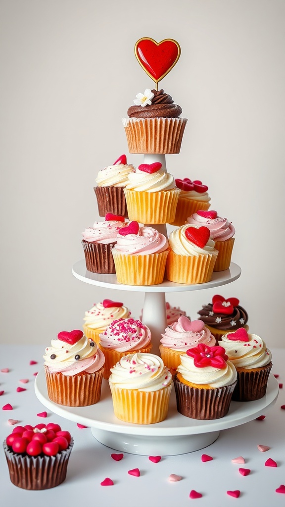 A beautifully arranged cupcake tower with colorful cupcakes and heart-shaped decorations.