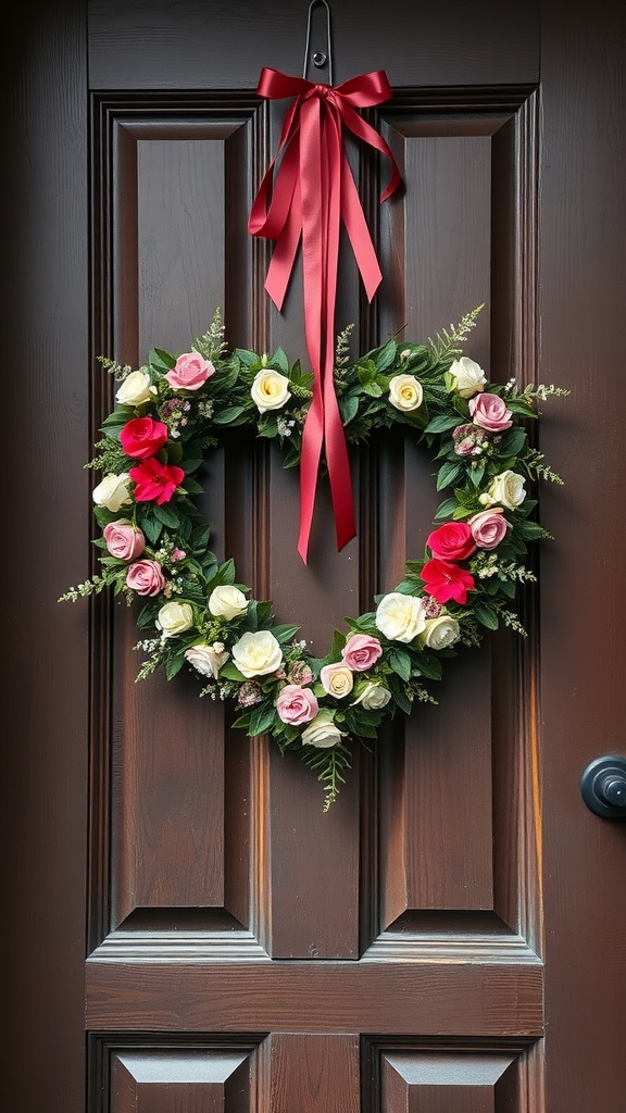 A heart-shaped wreath with pink, red, and white roses, adorned with a red ribbon, hanging on a wooden door.