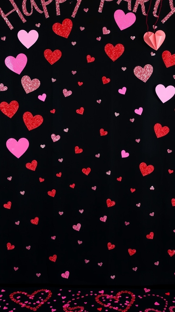 A black photo booth backdrop decorated with pink, red, and glittery hearts along with a 'HAPPY PARTY' sign.