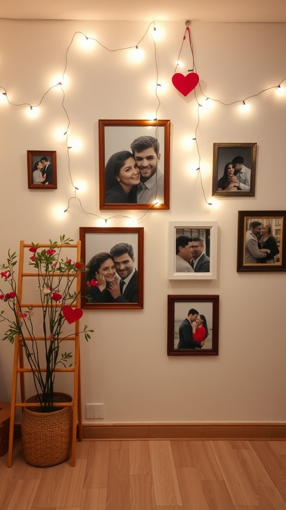 A cozy wall decorated with framed photos, string lights, and heart shapes for Valentine's Day.