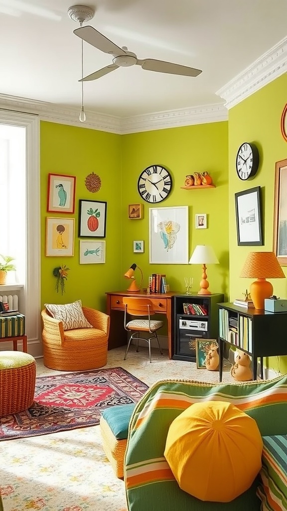 A bright chartreuse bedroom featuring colorful decor and furniture.