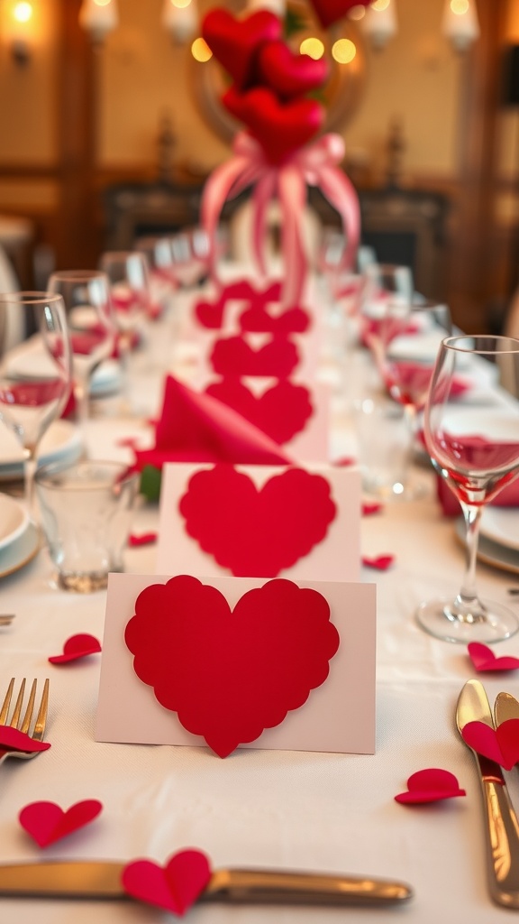 A beautifully set table with heart-shaped place cards and red decorations for a Galentine's party.