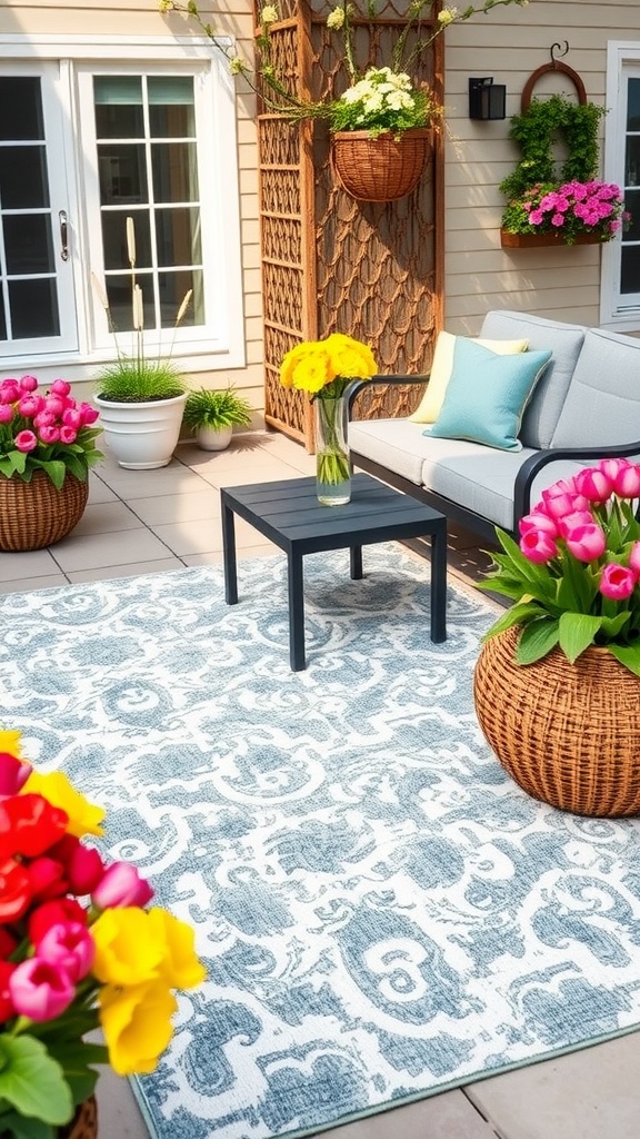 A stylish outdoor seating area featuring a patterned rug, vibrant flowers, and comfortable furniture.