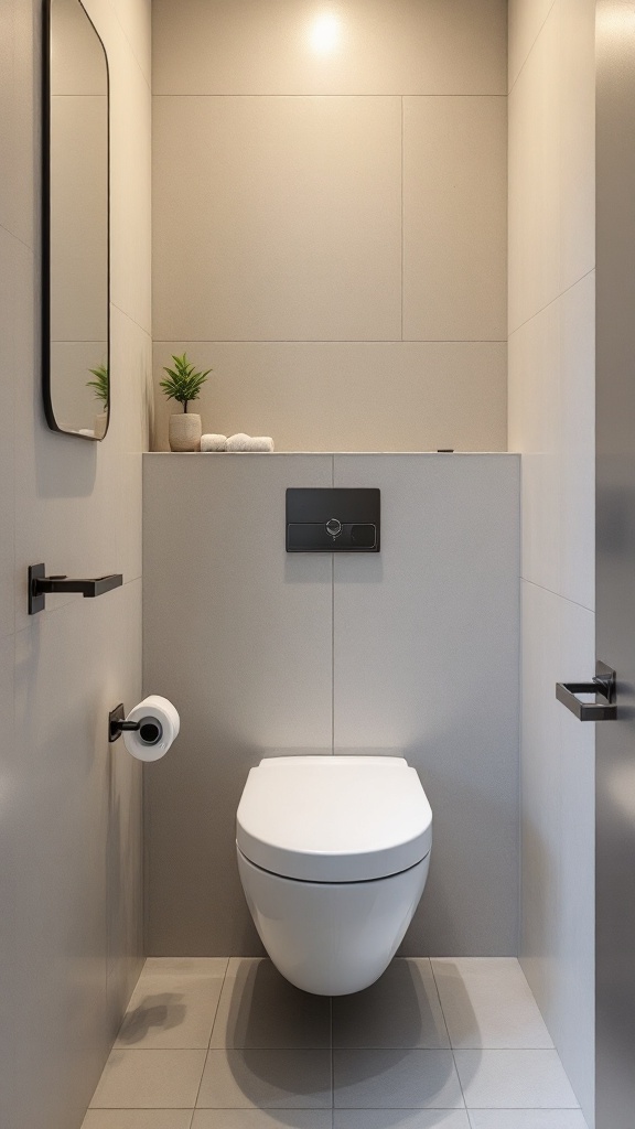 A small, modern bathroom featuring a wall-mounted toilet and minimalistic design.