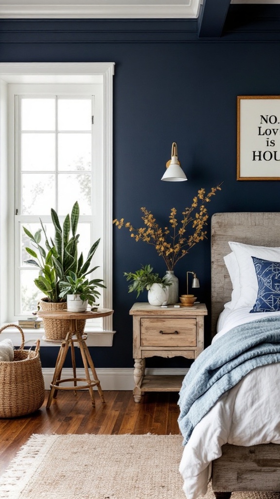 A farmhouse bedroom featuring classic navy walls, a wooden bed, and decorative plants.