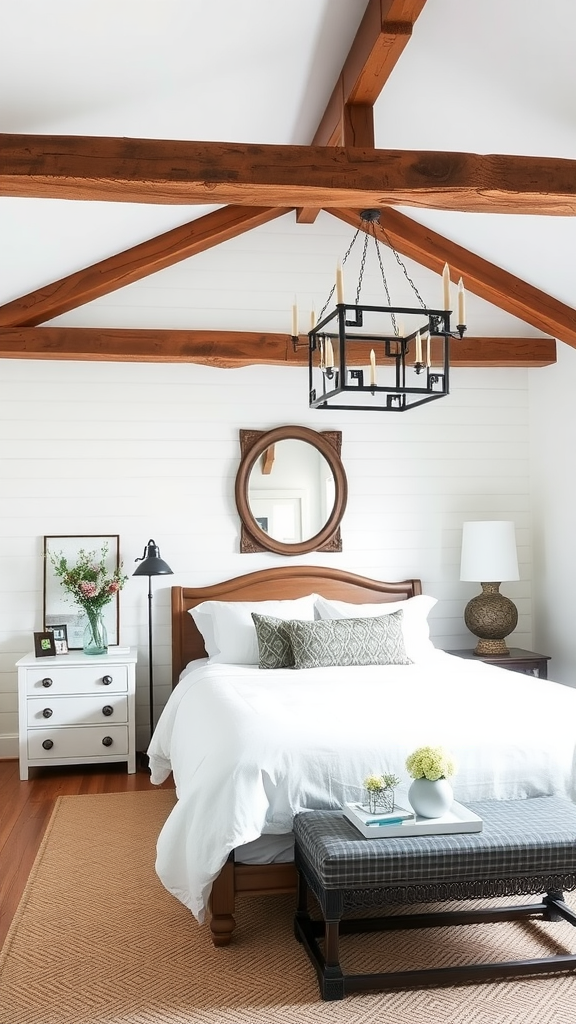 A bright farmhouse bedroom featuring white walls, wooden beams, and a cozy bed.