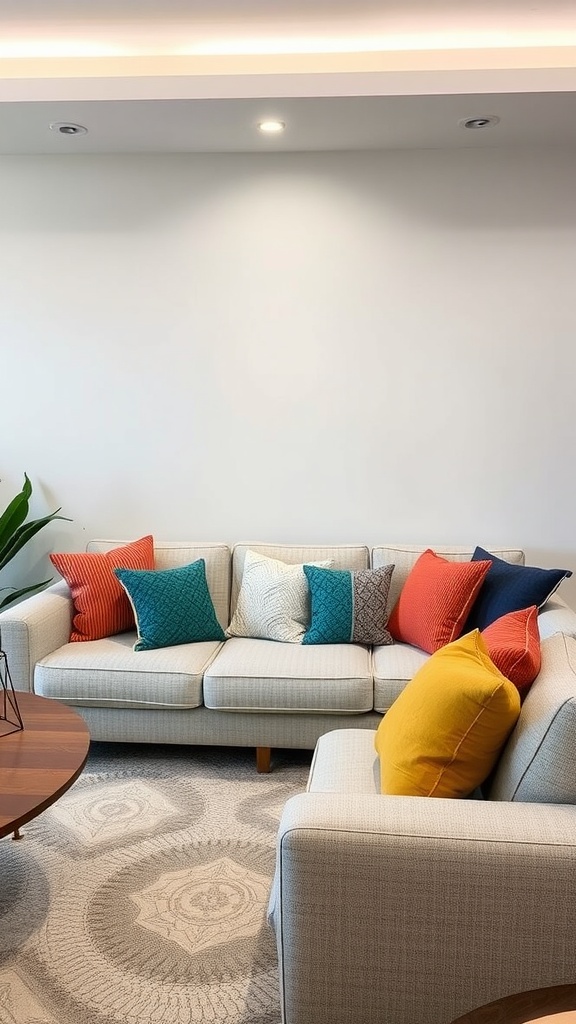 A cozy living room with a light-colored sofa adorned with colorful accent pillows in various shapes and patterns.