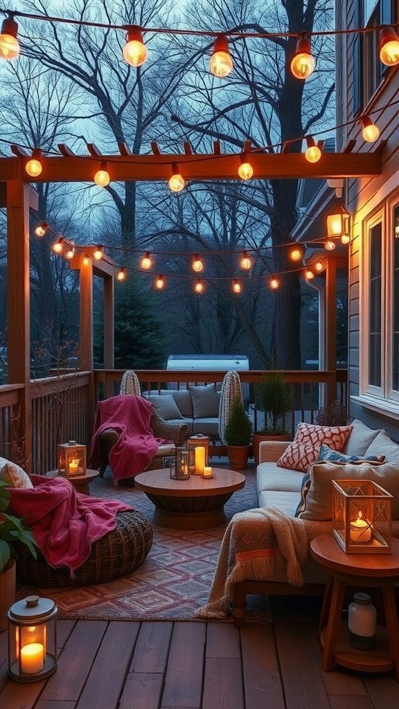 Cozy outdoor living space with string lights, warm blankets, and comfortable seating.