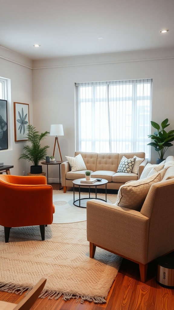 A cozy living room featuring a comfortable seating arrangement with a beige sofa, orange armchair, and a coffee table.