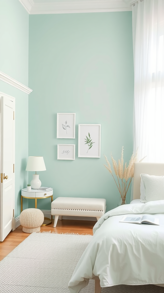 A stylish bedroom painted in cool mint with a cozy bed, light decor, and natural elements.