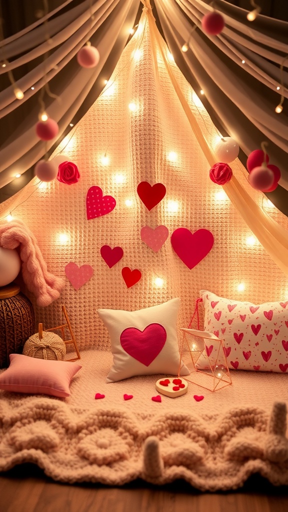 A cozy blanket fort decorated with pink and red hearts, string lights, and pillows for Valentine's Day.