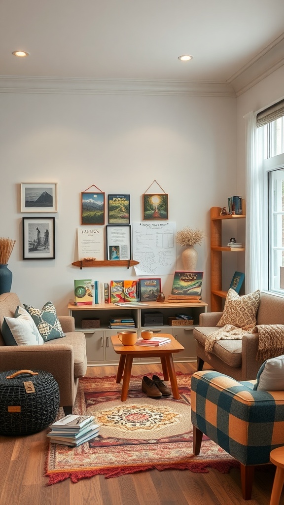 A cozy living room corner set up for games and activities with soft seating, a small table, and decorative elements.