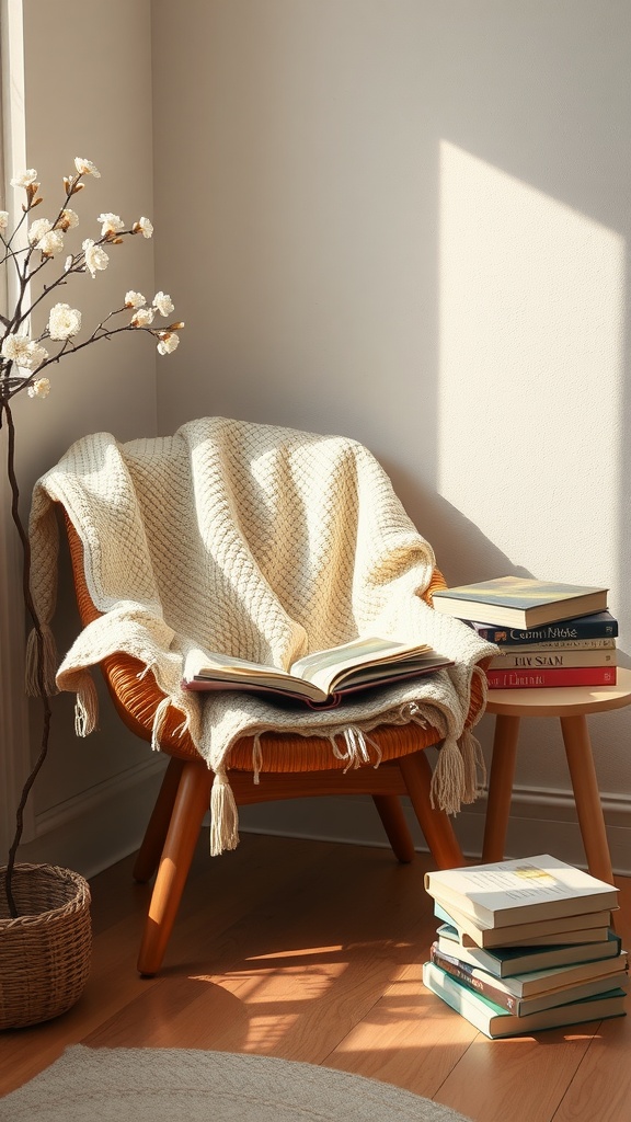 Cozy reading corner with a chair, blanket, books, and a plant.