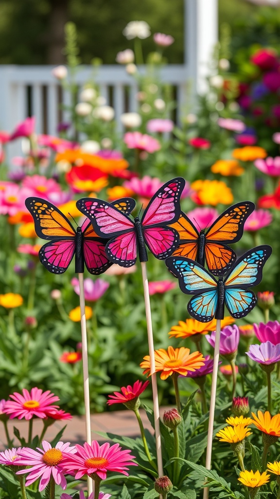 Colorful butterfly garden stakes in a vibrant flower garden.