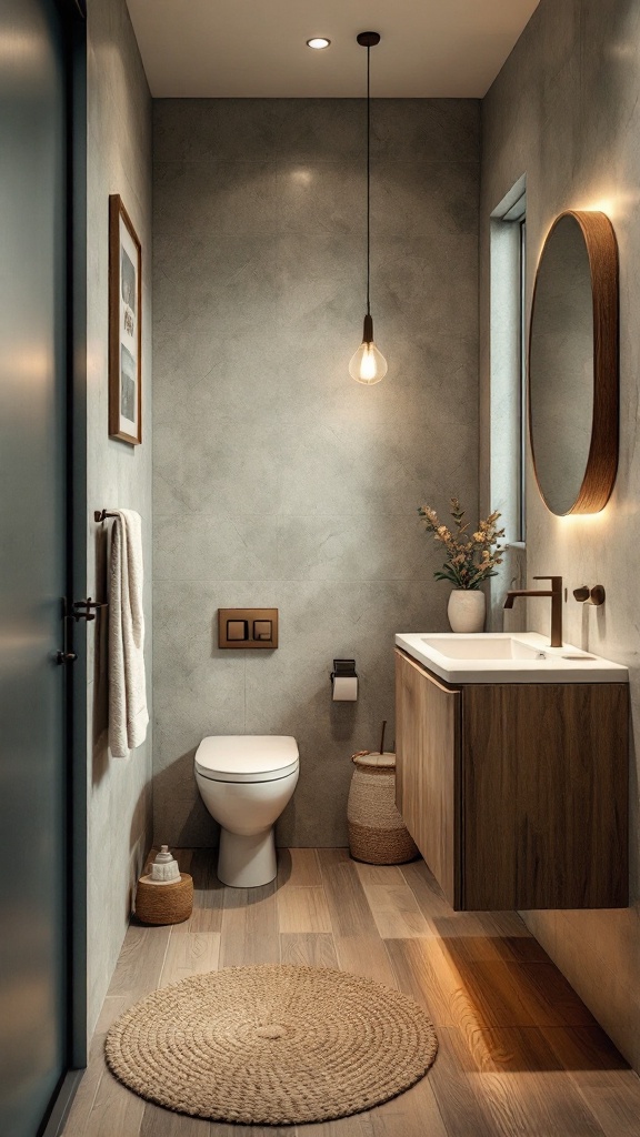 A modern small bathroom featuring a minimalist design with natural elements.