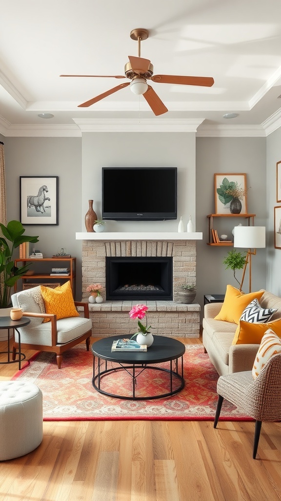 Cozy living room with comfortable seating, warm colors, and decorative elements