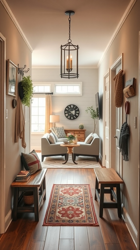 Cozy entryway with seating, rug, and decorative elements.