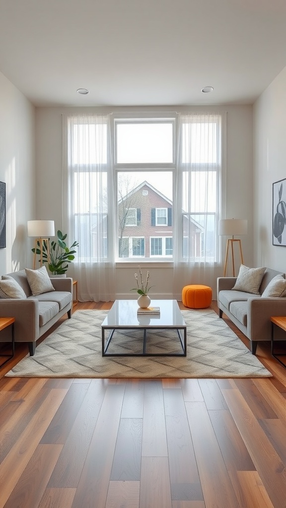 Cozy living room with symmetrical furniture arrangement featuring two sofas and a coffee table.