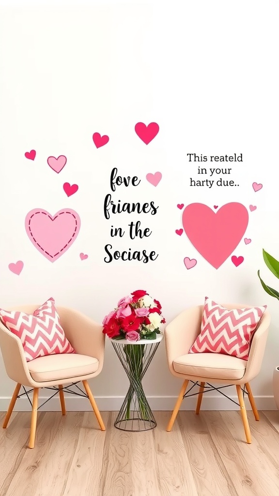 Heart-themed wall art with pink and red hearts and decorative text.