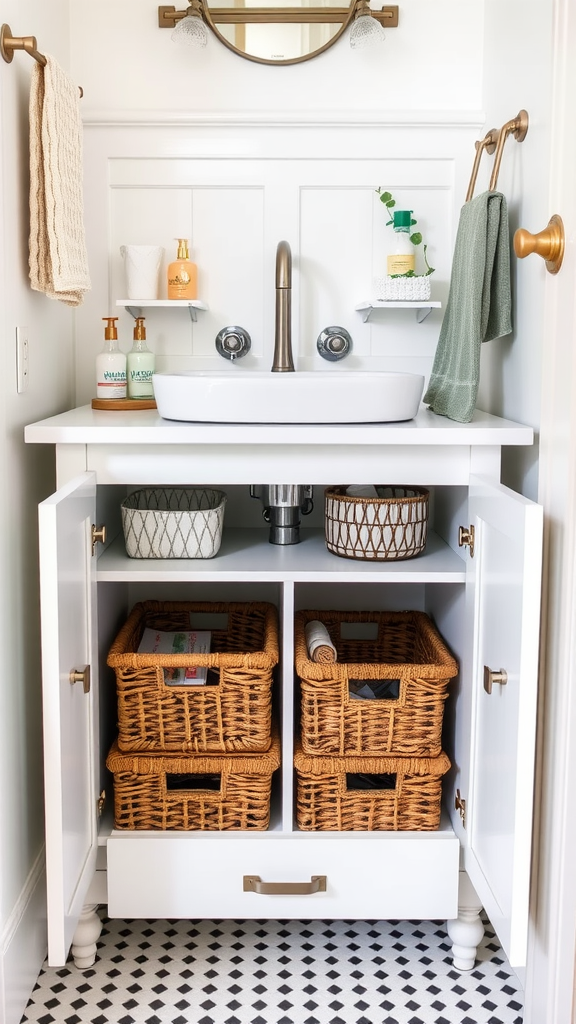 A small bathroom sink area featuring a clean white cabinet with open doors revealing organized wicker baskets underneath.