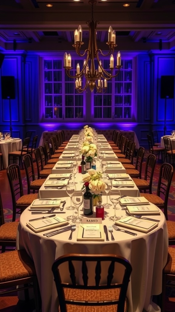 Elegant table setting for a Galentine's party with floral arrangements and place cards.