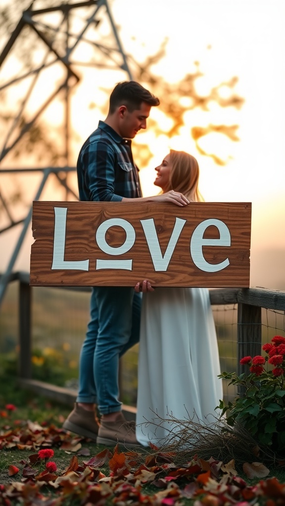 A couple holding a wooden sign reading 'Love' during sunset in an outdoor setting.