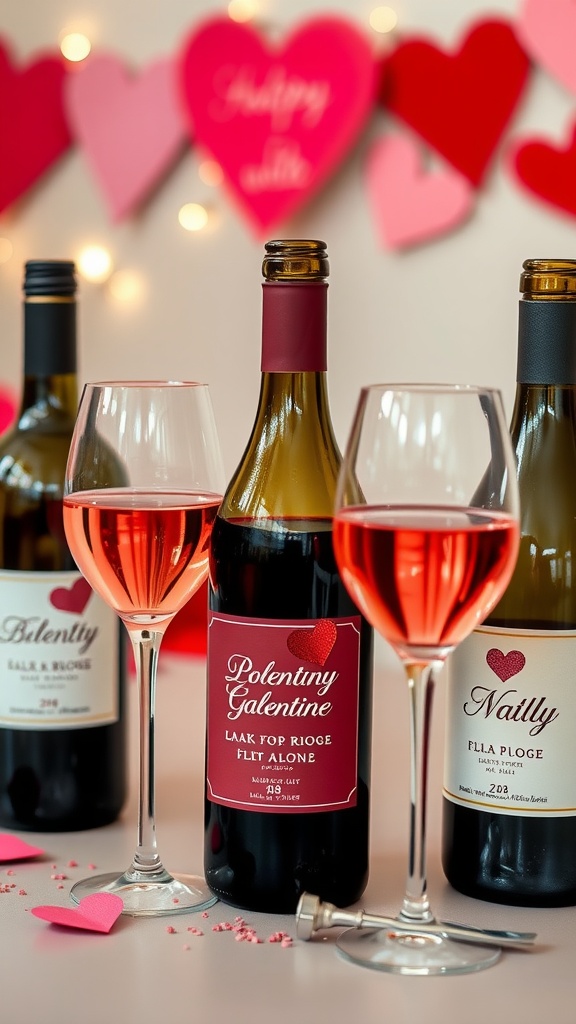 Bottles of wine with customized labels and glasses filled with pink wine, set against a backdrop of heart decorations.