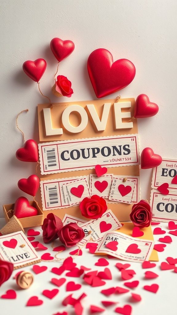 A display of love coupons surrounded by decorative hearts and roses for Valentine's Day.