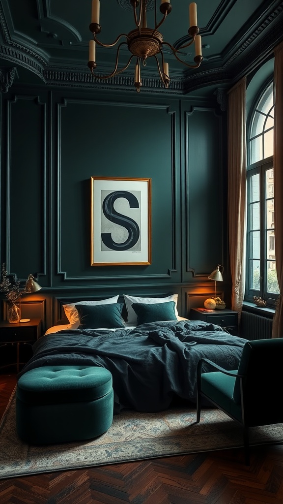 A cozy bedroom featuring dark forest green walls, a plush bed with teal bedding, and elegant decor.