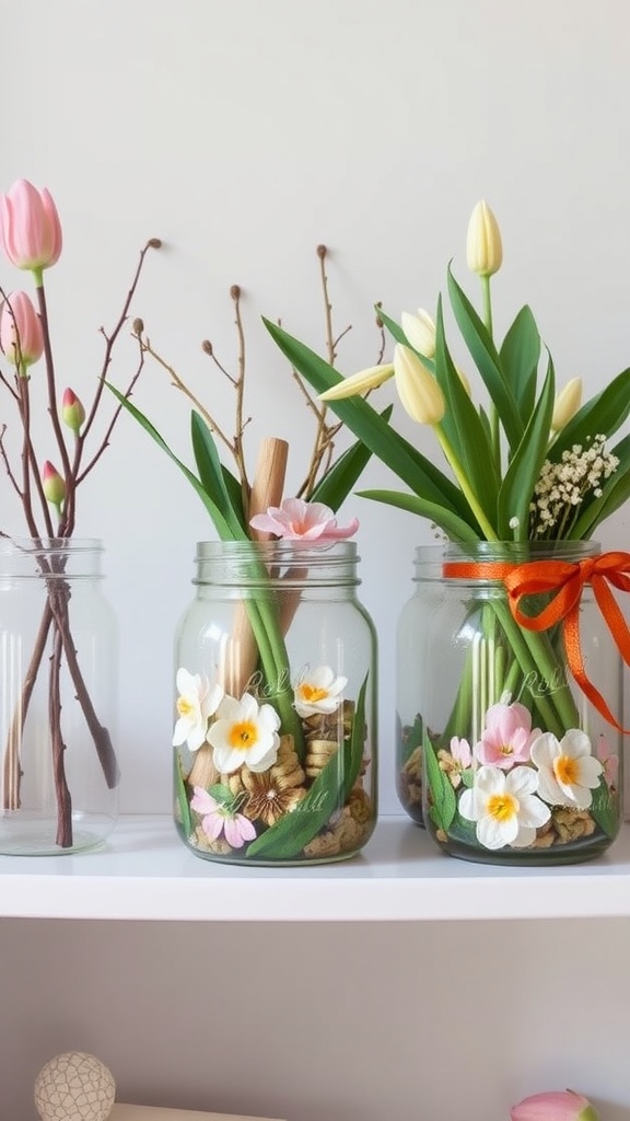 Decorative glass jars filled with flowers and twigs, showcasing a spring theme.