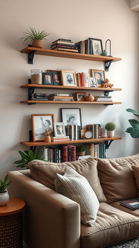 A cozy living room featuring decorative wall shelves with books, photos, and plants.