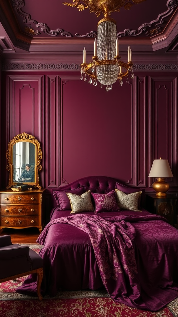 Luxurious bedroom with deep plum walls, elegant chandelier, and rich furnishings.