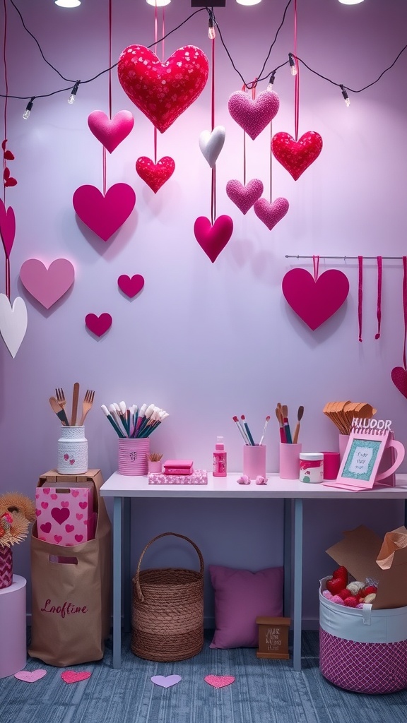 A DIY crafts corner decorated with hanging heart shapes and craft supplies for a Galentine's party.