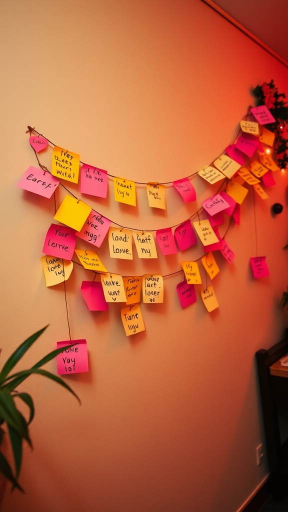 A colorful garland made of sticky notes with handwritten love notes hanging on a wall.