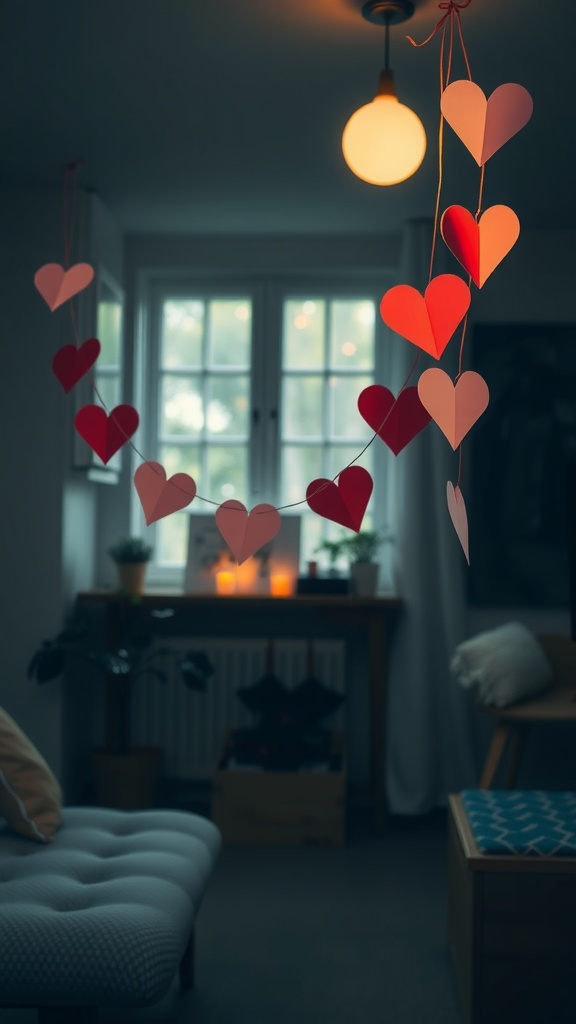 A garland made of paper hearts in shades of red and pink, hanging in a cozy room.