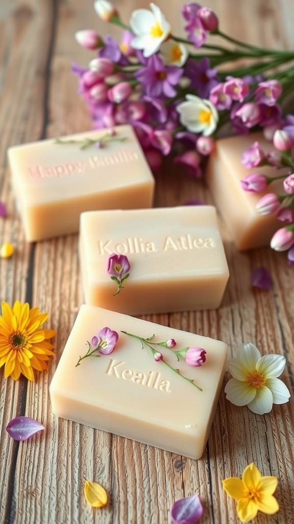 Handmade soap bars with floral decorations and flowers in the background