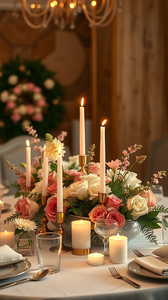 Spring table centerpiece with flowers and candles