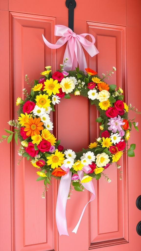 A vibrant spring wreath made with various colorful flowers and a pink ribbon, hanging on a door.